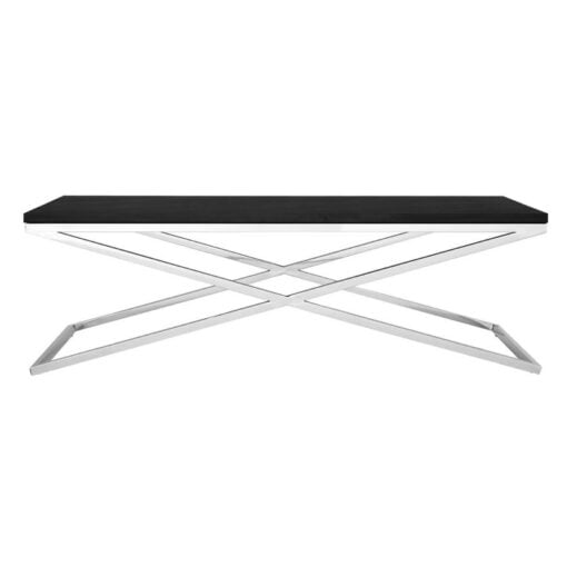 Contemporary Cross Base Silver Chrome Steel And Black Faux Leather Large Rectangular Coffee Table 130cm