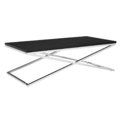 Contemporary Cross Base Silver Chrome Steel And Black Faux Leather Large Rectangular Coffee Table 130cm