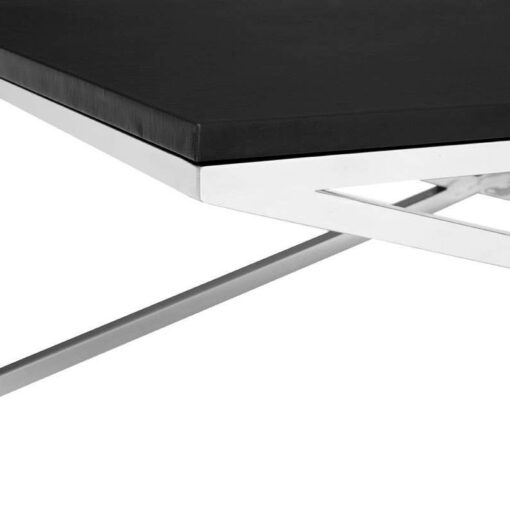 Contemporary Cross Base Silver Chrome Steel And Black Faux Leather Large Rectangular Coffee Table 130cm