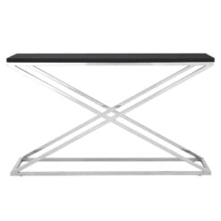 Contemporary Cross Base Silver Chrome Steel And Black Faux Leather Large Rectangular Console Table 130cm