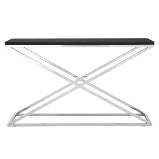 Contemporary Cross Base Silver Chrome Steel And Black Faux Leather Large Rectangular Console Table 130cm