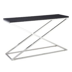 Contemporary Cross Base Silver Chrome Steel And Black Faux Leather Large Rectangular Console Table 130cm