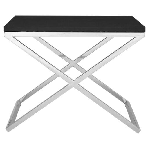 Contemporary Cross Base Silver Chrome Steel And Black Faux Leather Square Side Table