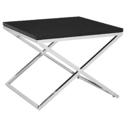 Contemporary Cross Base Silver Chrome Steel And Black Faux Leather Square Side Table