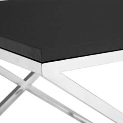 Contemporary Cross Base Silver Chrome Steel And Black Faux Leather Square Side Table