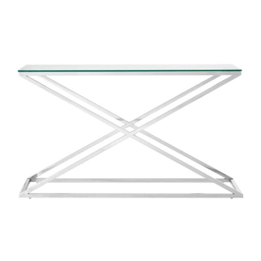 Contemporary Cross Base Silver Chrome Steel And Clear Glass Console Table 130cm Contemporary Cross Base Silver Chrome Steel And Clear Glass Console Table 130cm