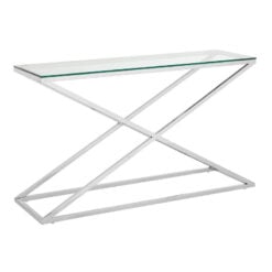 Contemporary Cross Base Silver Chrome Steel And Clear Glass Console Table 130cm