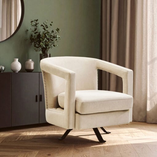 Cream Velvet And Black Metal Swivel Studded Armchair Accent Chair