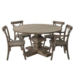 French Rustic Country Farmhouse Solid Light Hard Wood Round Pedestal 6 Seater Dining Table 150cm