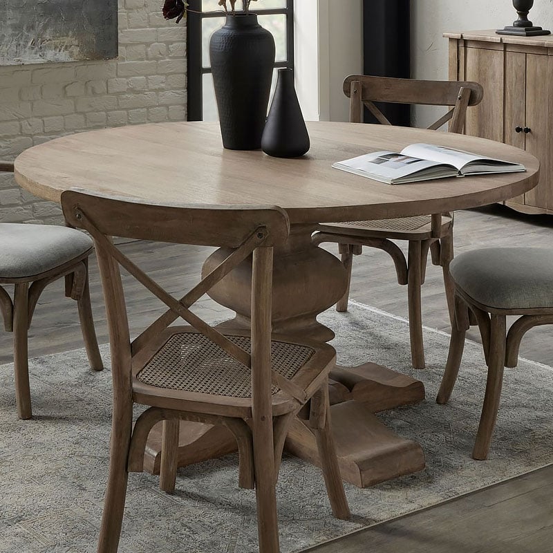 French Rustic Country Farmhouse Solid Light Hard Wood Round Pedestal 6 Seater Dining Table 150cm French Rustic Country Farmhouse Solid Light Hard Wood Round Pedestal 6 Seater Dining Table 150cm