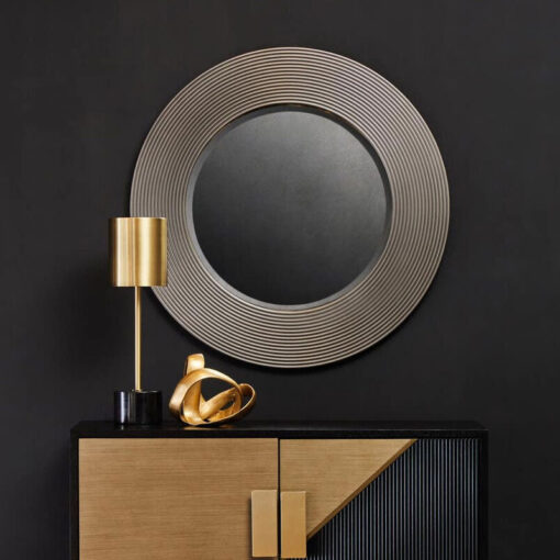 Grey Ribbed Wood Large Round Wall Mirror 81cm