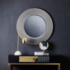 Grey Ribbed Wood Large Round Wall Mirror 81cm