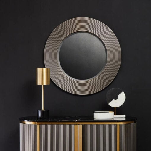 Grey Ribbed Wood Large Round Wall Mirror 81cm