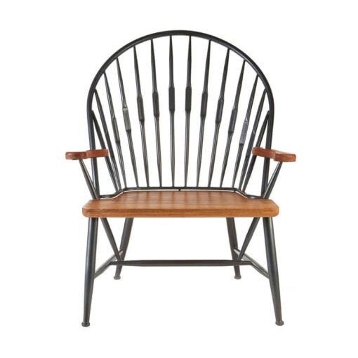 Industrial Arched Spindle Back Black Metal And Solid Walnut Wood Armchair Dining Chair