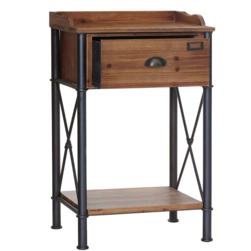 Industrial Black Metal And Solid Wood 2 Tier 1 Drawer Bedside Cabinet Side Table