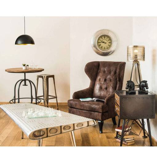 Industrial Black Metal And Solid Wood Round Height Adjustable Bar Table Dining Table With Foot Bar 80cm