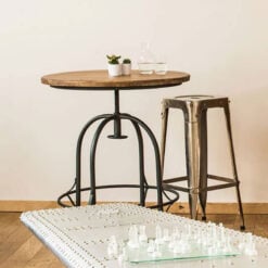 Industrial Black Metal And Solid Wood Round Height Adjustable Bar Table Dining Table With Foot Bar 80cm