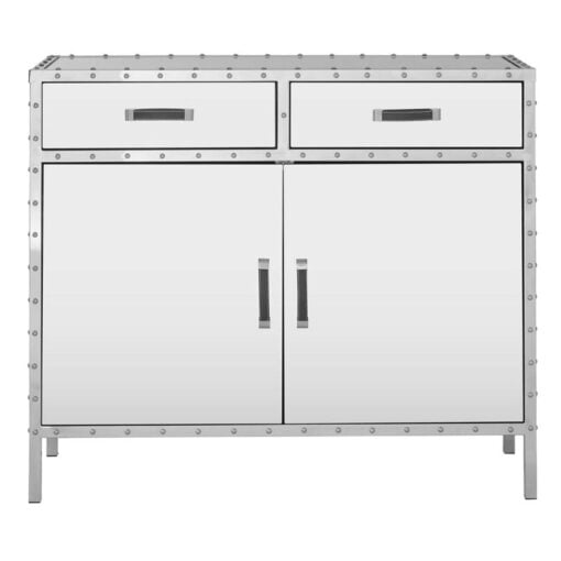 Industrial Rivet Silver Metal And Mirrored Glass 2 Door 2 Drawer Sideboard 108cm