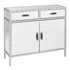 Industrial Rivet Silver Metal And Mirrored Glass 2 Door 2 Drawer Sideboard 108cm