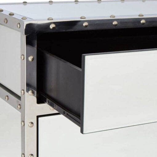 Industrial Rivet Silver Metal And Mirrored Glass 2 Door 2 Drawer Sideboard 108cm