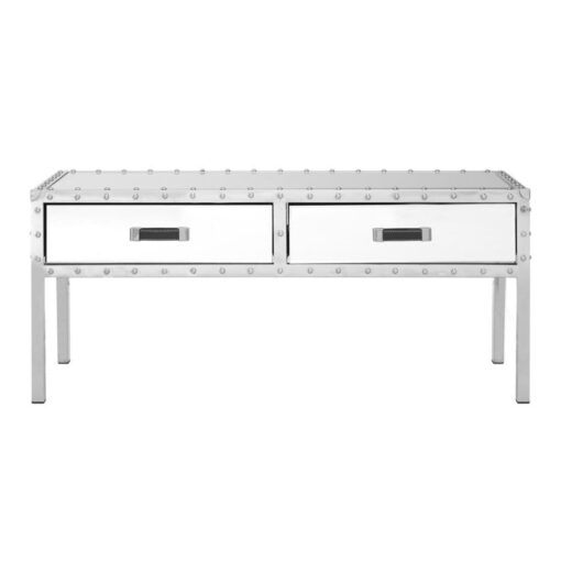 Industrial Rivet Silver Metal And Mirrored Glass 2 Drawer Coffee Table 97cm Industrial Rivet Silver Metal And Mirrored Glass 2 Drawer Coffee Table 97cm