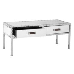Industrial Rivet Silver Metal And Mirrored Glass 2 Drawer Coffee Table 97cm