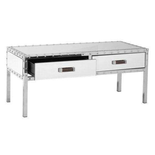 Industrial Rivet Silver Metal And Mirrored Glass 2 Drawer Coffee Table 97cm Industrial Rivet Silver Metal And Mirrored Glass 2 Drawer Coffee Table 97cm
