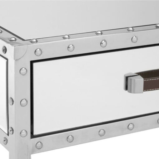 Industrial Rivet Silver Metal And Mirrored Glass 2 Drawer Coffee Table 97cm Industrial Rivet Silver Metal And Mirrored Glass 2 Drawer Coffee Table 97cm