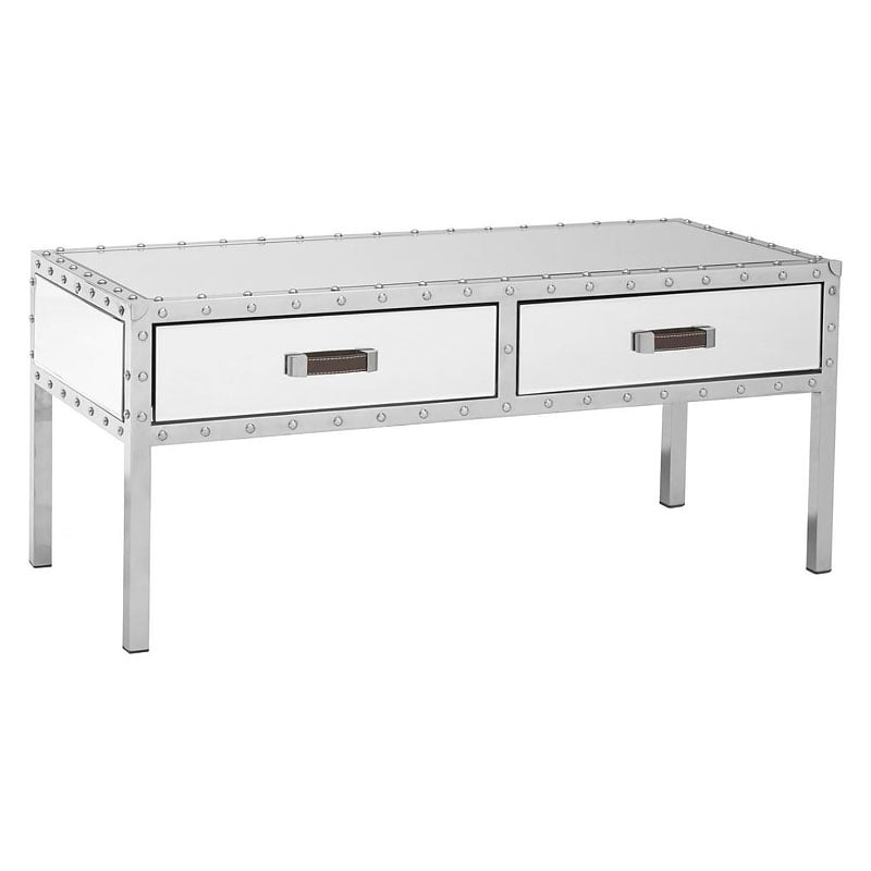 Industrial Rivet Silver Metal And Mirrored Glass 2 Drawer Coffee Table 97cm Industrial Rivet Silver Metal And Mirrored Glass 2 Drawer Coffee Table 97cm