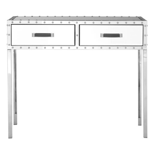 Industrial Rivet Silver Metal And Mirrored Glass 2 Drawer Slim Console Table 93cm
