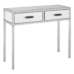 Industrial Rivet Silver Metal And Mirrored Glass 2 Drawer Slim Console Table 93cm