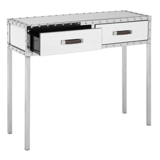 Industrial Rivet Silver Metal And Mirrored Glass 2 Drawer Slim Console Table 93cm