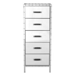 Industrial Rivet Silver Metal And Mirrored Glass 5 Drawer Tallboy Chest Of Drawers