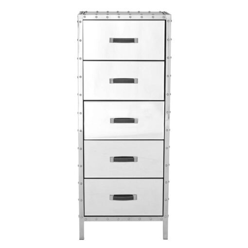 Industrial Rivet Silver Metal And Mirrored Glass 5 Drawer Tallboy Chest Of Drawers