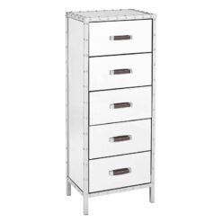 Industrial Rivet Silver Metal And Mirrored Glass 5 Drawer Tallboy Chest Of Drawers
