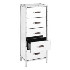 Industrial Rivet Silver Metal And Mirrored Glass 5 Drawer Tallboy Chest Of Drawers