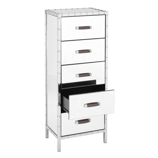 Industrial Rivet Silver Metal And Mirrored Glass 5 Drawer Tallboy Chest Of Drawers