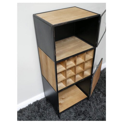 Industrial Rustic Black Metal And Solid Fir Wood 2 Door Wine Rack Bar Drinks Cabinet