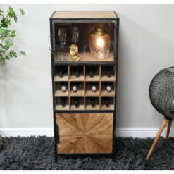 Industrial Rustic Black Metal And Solid Fir Wood 2 Door Wine Rack Bar Drinks Cabinet