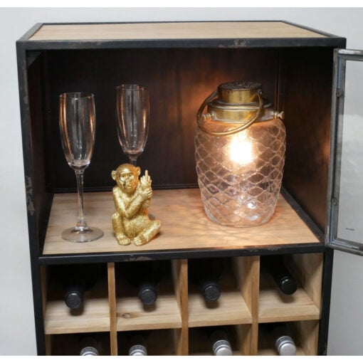 Industrial Rustic Black Metal And Solid Fir Wood 2 Door Wine Rack Bar Drinks Cabinet