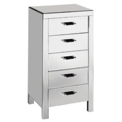 Mirrored Glass 5 Drawer Tallboy Chest Of Drawers With Contract Bar Handles 100cm