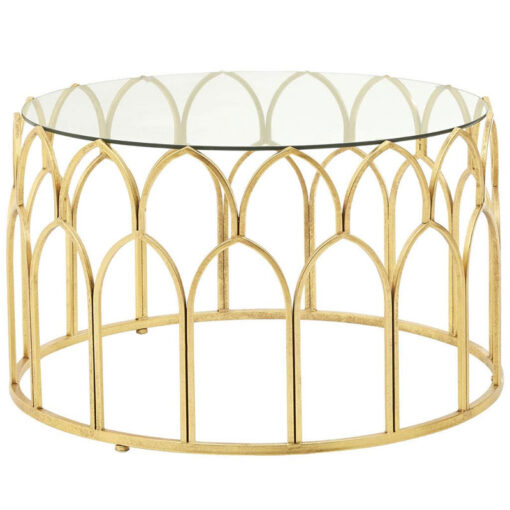 Moroccan Antique Gold Leaf Metal And Clear Glass Round Coffee Table 82cm