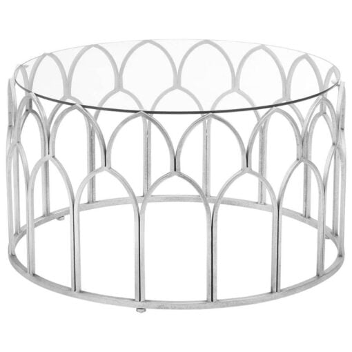 Moroccan Antique Silver Leaf Metal And Clear Glass Round Coffee Table 82cm Moroccan Antique Silver Leaf Metal And Clear Glass Round Coffee Table 82cm