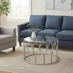 Moroccan Antique Silver Leaf Metal And Clear Glass Round Coffee Table 82cm