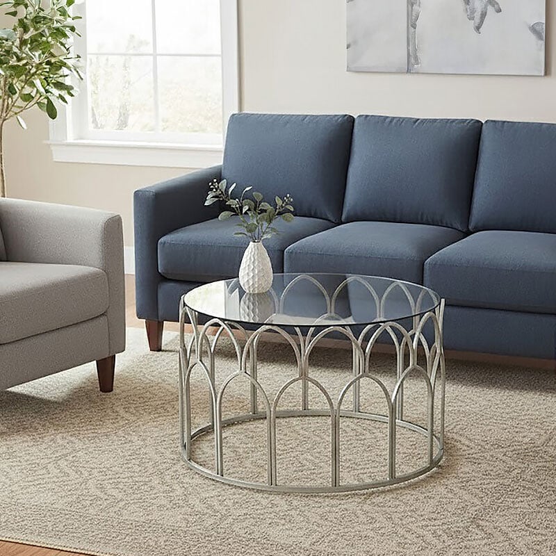 Moroccan Antique Silver Leaf Metal And Clear Glass Round Coffee Table 82cm Moroccan Antique Silver Leaf Metal And Clear Glass Round Coffee Table 82cm