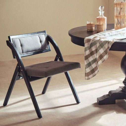 Rustic Black Solid Elm Wood And Grey Fabric Folding Armless Open Back Dining Chair Rustic Black Solid Elm Wood And Grey Fabric Folding Armless Open Back Dining Chair