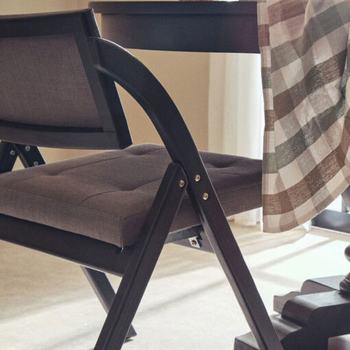 Rustic Black Solid Elm Wood And Grey Fabric Folding Armless Open Back Dining Chair Rustic Black Solid Elm Wood And Grey Fabric Folding Armless Open Back Dining Chair