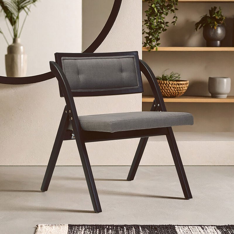 Rustic Black Solid Elm Wood And Grey Fabric Folding Armless Open Back Dining Chair Rustic Black Solid Elm Wood And Grey Fabric Folding Armless Open Back Dining Chair
