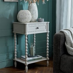 Rustic Country Farmhouse Light Grey Solid Wood 2 Tier 1 Drawer Side Table Bedside Cabinet