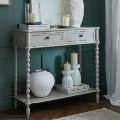 Rustic Country Farmhouse Light Grey Solid Wood 2 Tier 2 Drawer Console Table 90cm
